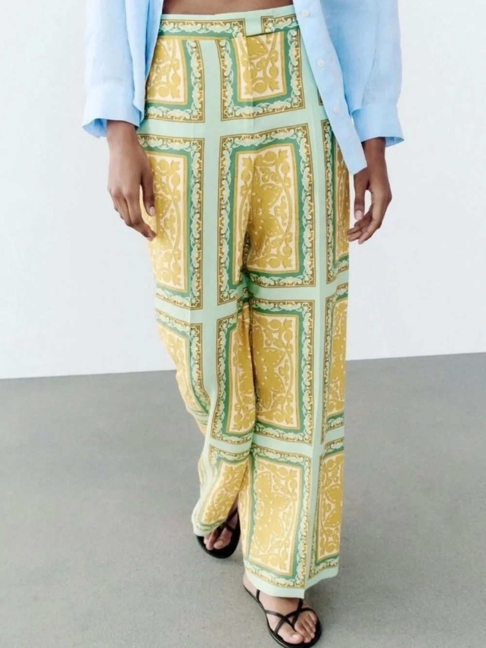 Zara Yellow & Green Baroque Medallion Print Linen Blend Wide Leg Trousers Small